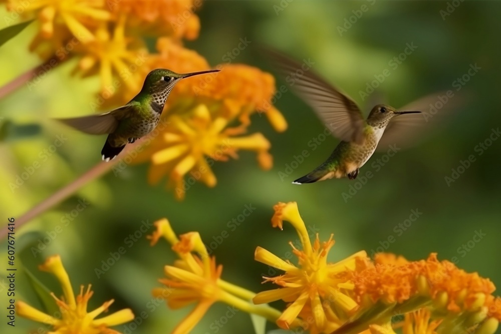 Fototapeta premium Hummingbird in flight near the yellow tropical flowers created with Generative AI technology