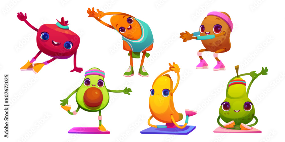 Fruit and vegetable funny character yoga exercise vector cartoon illustration set. Food fitness workout for gym with happy avocado, banana, pear and carrot, potato drawing icon collection design. Fruit and vegetable funny character yoga exercise vector cartoon illustration set. Food fitness workout for gym with happy avocado, banana, pear and carrot, potato drawing icon collection design.