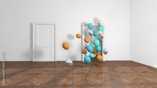 Colorful balloons flying in the room. 3D illustration, 3D rendering photo