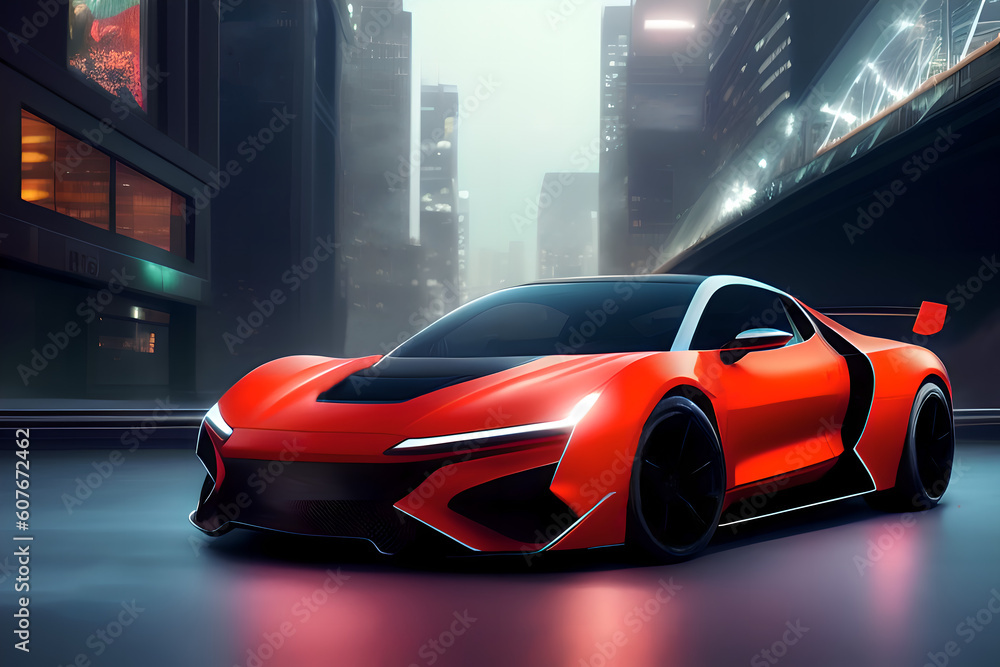 Obraz premium A Red Futuristic Sports Super Car on a City Street