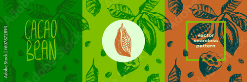 Organic seamless pattern and cocoa bean background with cocoa leaves. Modern ornament. Chocolate packaging design with raw textures. Label tag design, vegan food, natural eco cosmetics, bio concept.