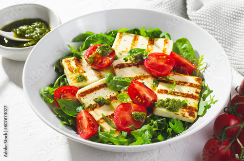 Grilled Halloumi Cheese with Cheery Tomatoes and Pesto with Arugula, Spinach, and Basil, Ketogenic Paleo Diet Lunch