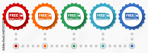 Free delivery vector icon set, colorful infographic template, set of flat design badge icons in 5 color options