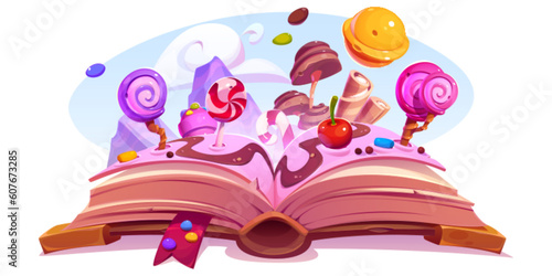 Candy land with sweets kid fairy tale story open book adventure cartoon vector illustration isolated on white background. Dream fairytale concept for kindergarten about confectionery and chocolate