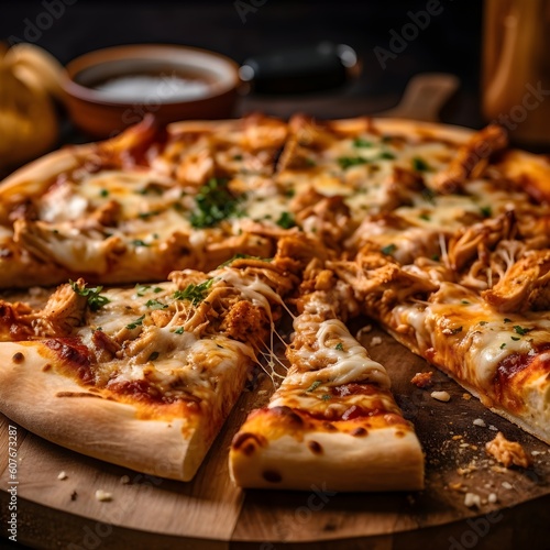 Cheesy Chicken Pizza Delight - Creative food photography captured with Sony Alpha A7R. Indulge in this mouthwatering masterpiece that will satisfy your cravings and ignite your taste buds!