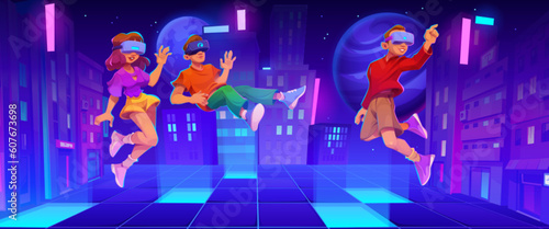 Metaverse game for character in glasses vector background. Vr p2e future technology for gamer man and girl. People in virtual reality with neon light cityscape experience cartoon cyber illustration.