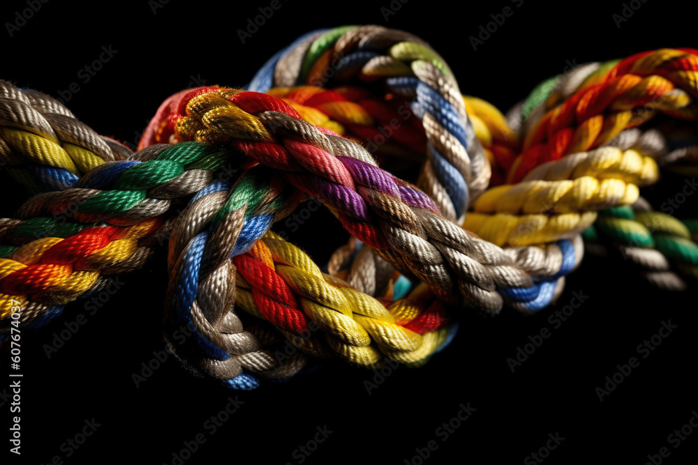 Close-up view of knot of multicolored ropes, created with Generative AI
