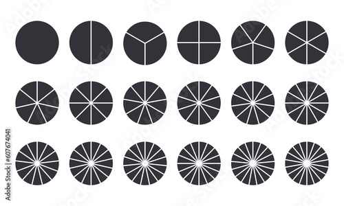 Circles divided into parts from 1 to 18. Black round chart for infographic, pie portion or pizza slice. Wheel division into fractions, circular shape sectors on white background