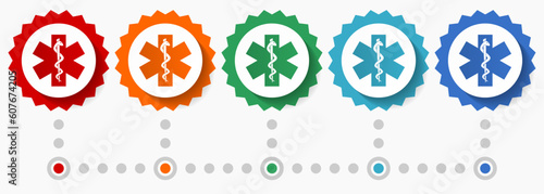 Hospital, emergency vector icon set, colorful infographic template, set of flat design badge icons in 5 color options