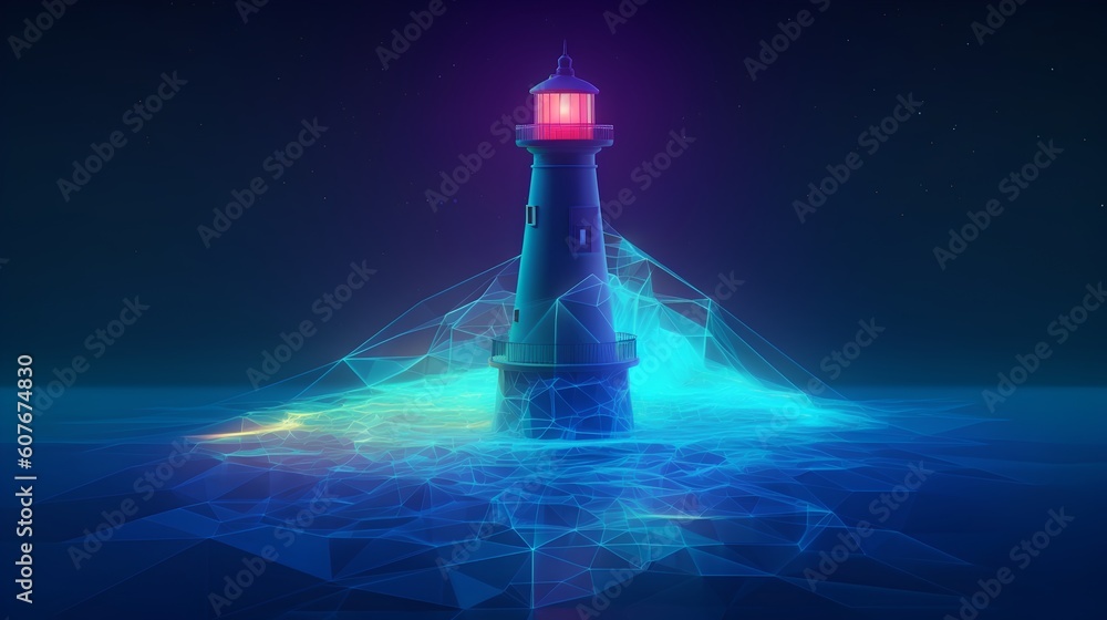 Towering lighthouse in a futuristic, digital world. Evolving technology and the potential for progress. A guide, inspiring innovation and leadership towards a brighter future. Generative AI