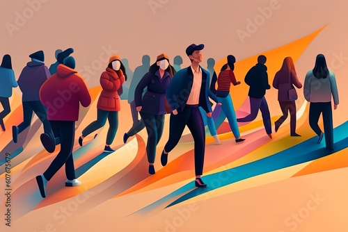 Spectrum Swarm at Sunset  A Minimalistic Illustration of Crowded People in Harsh Golden Hour Lighting