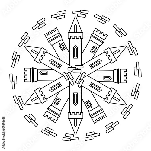 Towers , ancient fortress. Mandala. Coloring book page for children. Children's art game. Vector illustration.