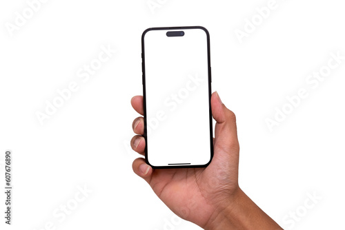 Hand holding the black smartphone iphone with blank screen and modern frameless design in two rotated perspective positions - isolated on white background - Clipping Path	