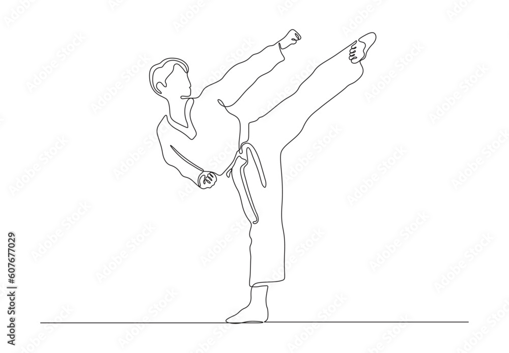 Continuous line drawing of a karate player vector illustration. Premium vector.
