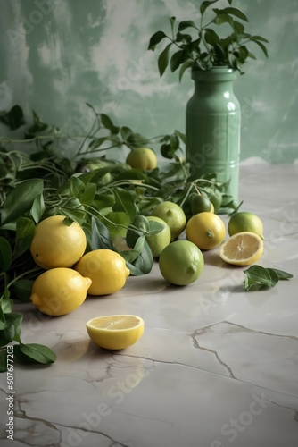 Lemons, limes and herbs on a concrete floor, Generative ai