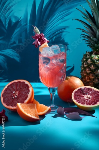 Cocktail garnish with grapefruit and pineapple on a blue table, in the style of kodak aerochrome, website, light red and light indigo, Generative AI image