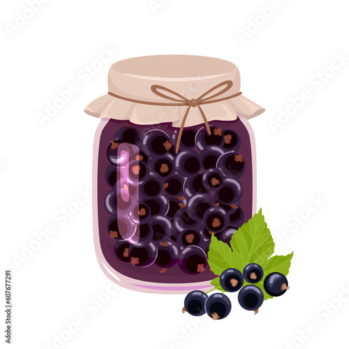 Currant jam in glass jar and fresh black berry. Vector cartoon flat illustration. Sweet food icon.