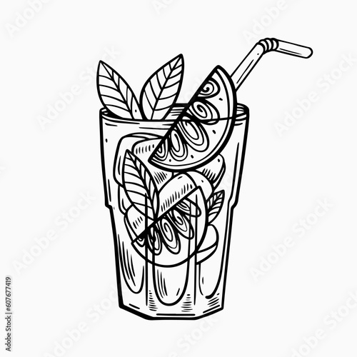 Hand drawn mojito cocktail in glass with ice cubes, lime slice and mint.