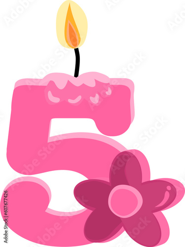 Pink five 5 number happy birthday candle and flower vector illustration.