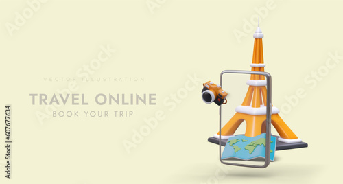 Online booking of tickets abroad. Tourist tours in Europe. Application for choosing best flight. Advertising template with 3D Eiffel Tower, smartphone, map, camera