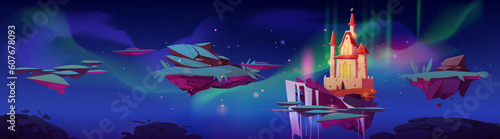 Floating islands with castle, waterfall and aurora sky. Vector cartoon illustration of pieces of land flying in night sky, green grass and stones, fairy tale palace building. Adventure game platforms