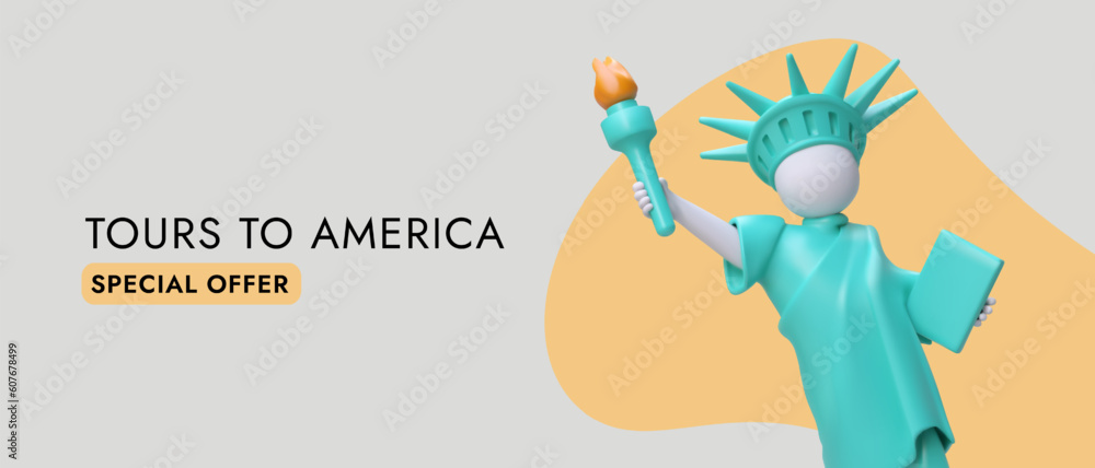 Fototapeta Travel to America, special offer from travel agency. Search for best program, excursions, hotels. Modern website banner with realistic American Statue of Liberty