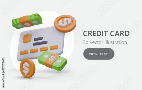 Maintenance of bank accounts. Issue of credit cards. Control of savings in personal account. Bonus program, cashback. Vector concept with 3D illustration