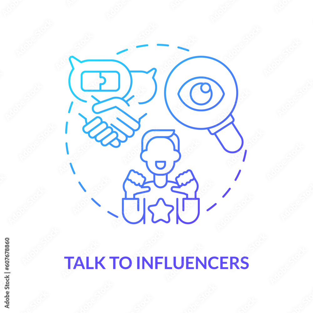 Talk to influencers blue gradient concept icon. Content creator. Digital event. Industry meeting. Social media. Marketing strategy abstract idea thin line illustration. Isolated outline drawing