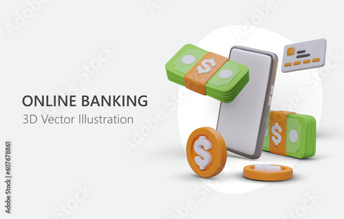 Realistic 3d mobile phone, credit card, banknotes, coins. Online banking and cashless concept. Colorful web page with place for text. Vector illustration in green and yellow colors