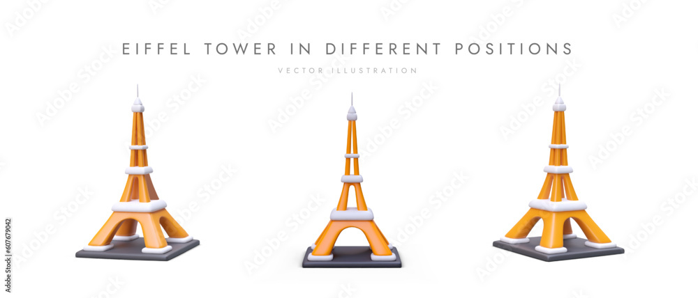 Set of cartoon realistic 3d Eiffel Tower in different positions. Web poster with place for text. Discover France, Paris concept. Colorful vector illustration with orange color and gray background