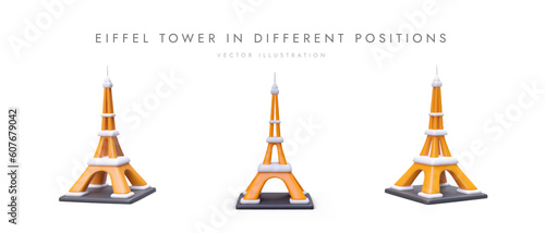 Set of cartoon realistic 3d Eiffel Tower in different positions. Web poster with place for text. Discover France, Paris concept. Colorful vector illustration with orange color and gray background