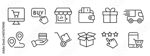 Click and collect order, icon, delivery truck, delivery services steps, receive order in pick up point, e-commerce business concept, sign and symbol vector illustration.