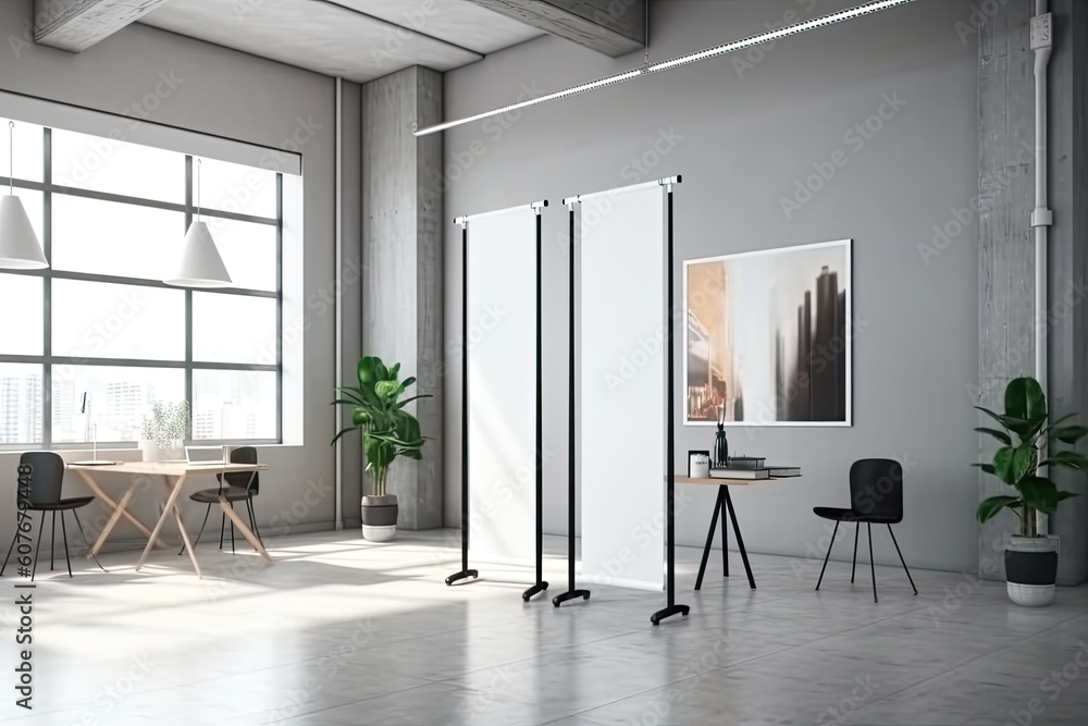 Modern office interior with empty banner and city view. Mock up Modern office interior with empty banner and city view. Mock up