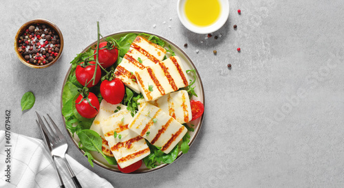 Grilled Halloumi Cheese with Cherry Tomatoes, Tasty Appetizer, Salad, Ketogenic, Paleo Lunch