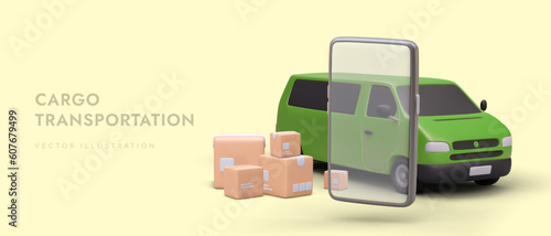 Realistic transparent 3d smartphone, green truck and carton boxes. Online order of cargo transportation concept. Goods delivery to different places. Vector illustration in green and yellow colors