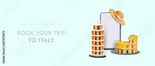 Application for booking tours to Italy. Choosing optimal route. Paying for travel online. Acquaintance with available excursions. 3D elements on vector advertising template