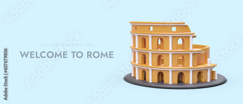 Realistic 3d poster with cartoon Coliseum and place for text. Web page for travel company. Discover Rome concept. Colorful vector illustration in orange color with blue background