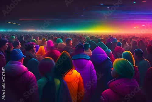 Morning Rendezvous - A Colorful Infusion of Crowded Humanity in a Naturalistic and Moderately Realistic Style  Illuminated by Soft  Diffused Lighting. Generative AI
