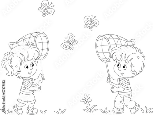 Happy little girl and boy with catching butterflies in a park on a sunny summer day, black and white outline vector cartoon illustration for a coloring book