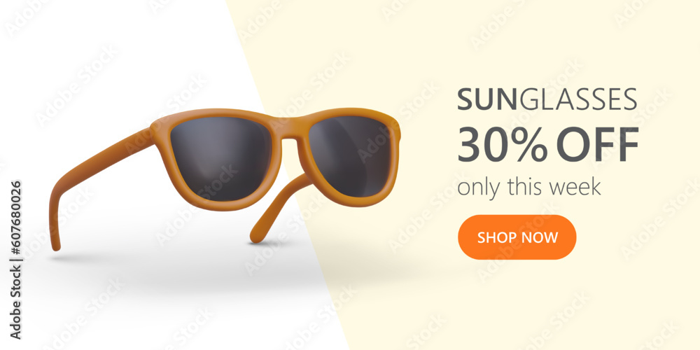 Advertising template with 3D sunglasses. Store announces discounts on summer accessories. Optics services. Horizontal poster with realistic illustration and text block. Promotional week