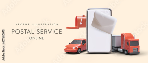 Realistic 3d smartphone, automobiles, mailbox and letter. Online delivery order concept. Fast postal services. Mail transportation via cars and trucks. Vector illustration in red colors