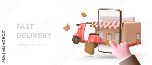 Cartoon 3d hand clicking on smartphone screen, shopping online in supermarket, ordering fast delivery. Advertising poster for store. Vector illustration in red colors with white background