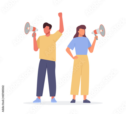 A young man and woman shouting on a megaphone. Male and female activist on protest