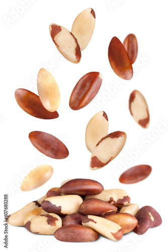 Levitation of brazil nuts isolated on transparent background.