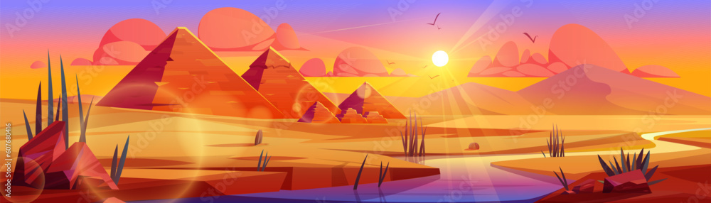 Pyramid in egypt desert oasis vector sunset landscape background. Ancient nile river scene drawing banner. Arabic archeology wild cactus and river cartoon illustration, great stone tomb, orange cloud