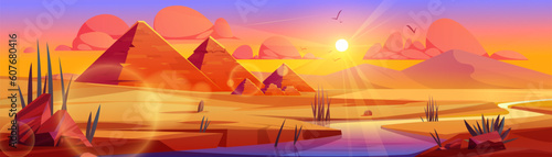 Pyramid in egypt desert oasis vector sunset landscape background. Ancient nile river scene drawing banner. Arabic archeology wild cactus and river cartoon illustration, great stone tomb, orange cloud