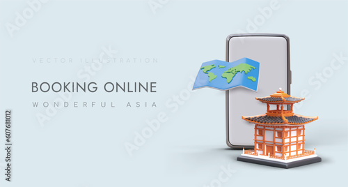 Discover Asia for yourself. Advertisement of tourist application with 3D elements. Pagoda, phone, world map in cartoon style. Acquaintance with Asian culture. Architecture of East