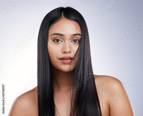 Haircare, beauty and portrait of woman with long hair, mockup and luxury salon treatment on white background in Brazil. Style, haircut and latino model with straight hairstyle on studio backdrop.