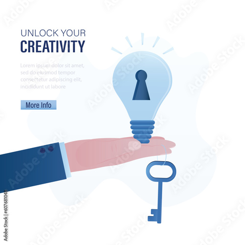 Unlock your creativity, landing page template. Hand give big idea bulb with keyhole and key. Learning to make creative thinking a habit. Skills improvement. Brainstorming, pitching ideas.