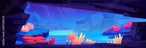 Sea bottom view from inside underwater cave. Vector cartoon illustration of rocky landscape in deep ocean water, seaweed and coral reef, huge stones on fantasy marine background for adventure game